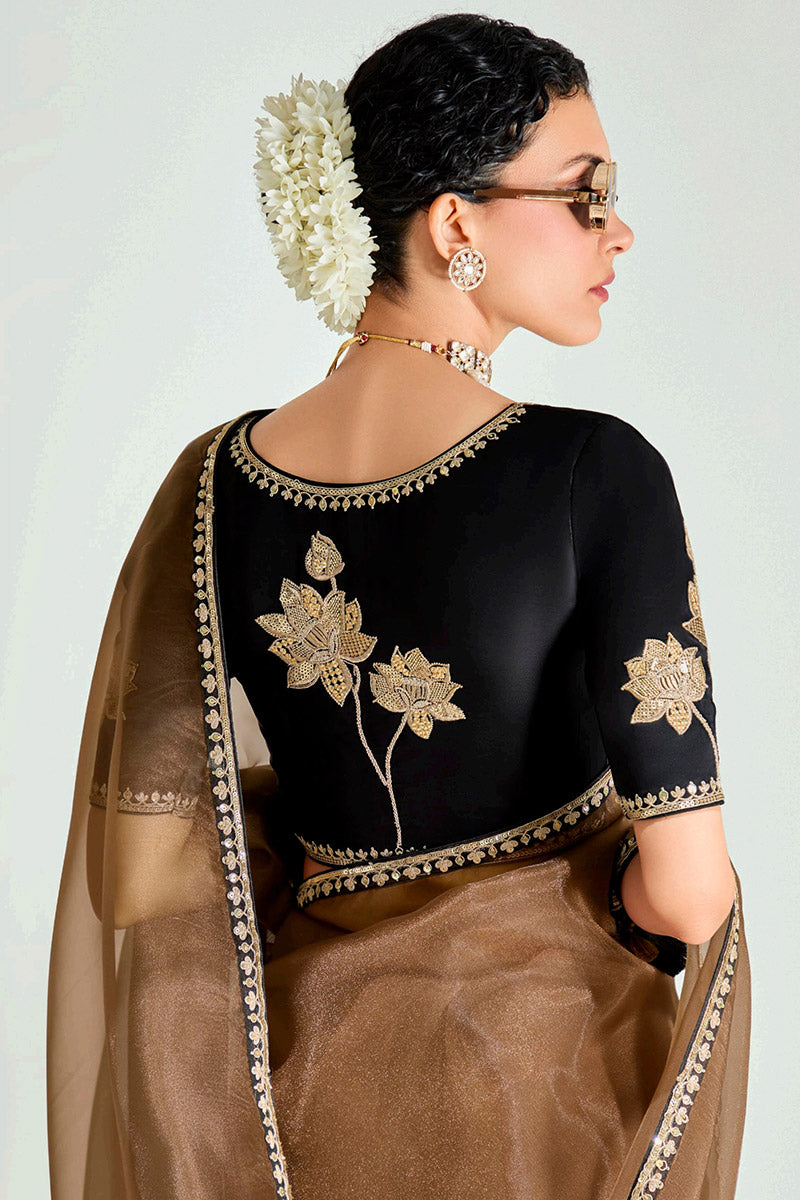 Brown Trendy Organza Saree with Sequins Embroidered Black Blouse LF