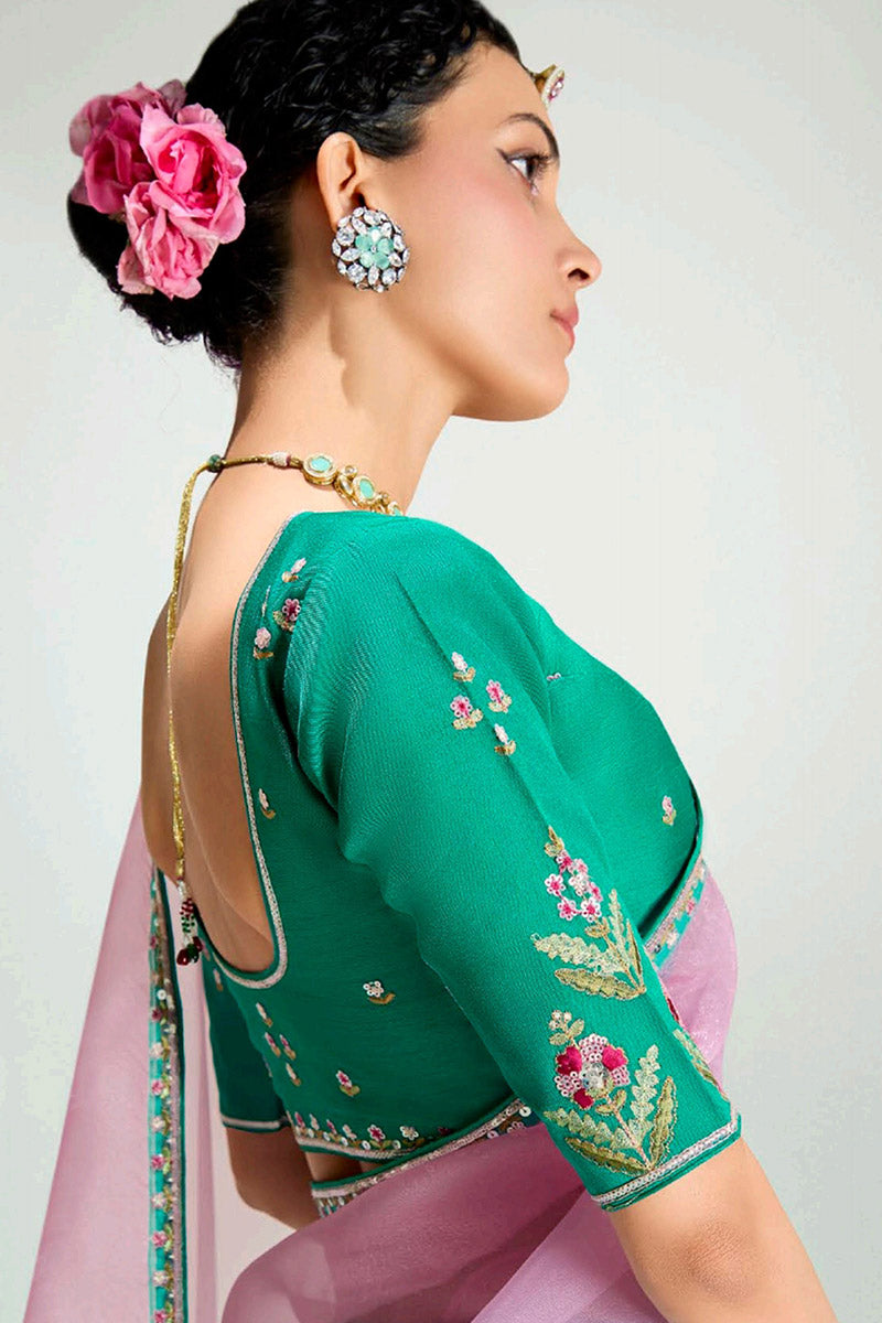 Pink Trendy Organza Saree with Sequins Embroidered Rama Geen Blouse LF