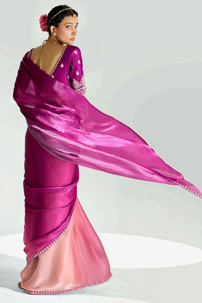 Magenta Organza Saree with Sequins Embroidered Pink Blouse LF