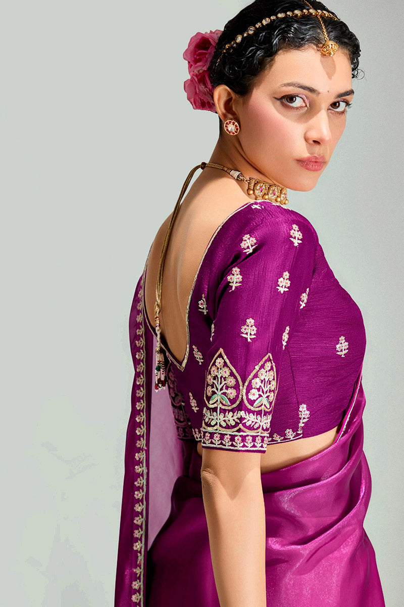 Magenta Organza Saree with Sequins Embroidered Pink Blouse LF