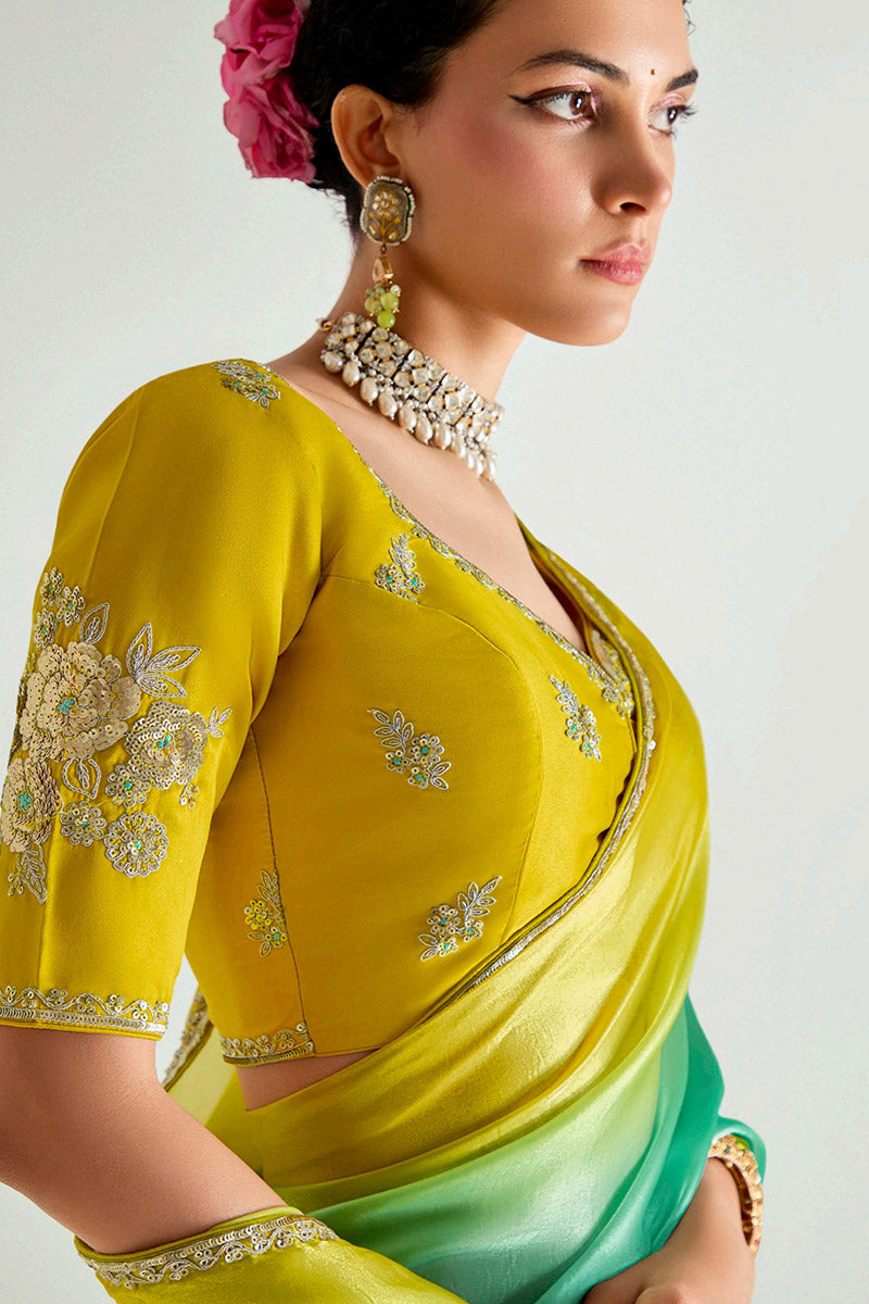 Multicolor Organza Saree with Sequins Embroidered Lime Yellow Blouse LF