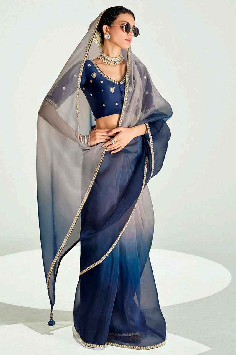 Grey Organza Saree with Sequins Embroidered Navy Blue Blouse LF