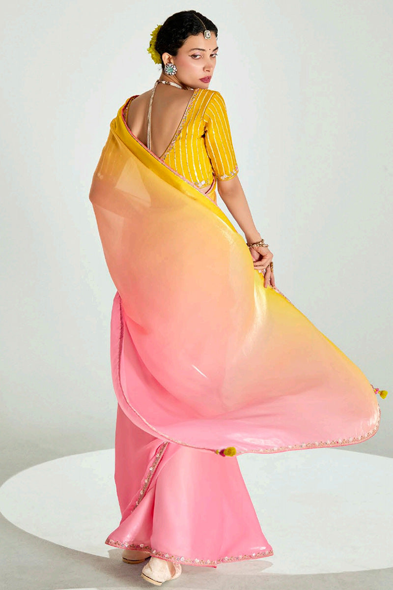 Multicolor Organza Saree with Sequins Embroidered Mustard Blouse LF