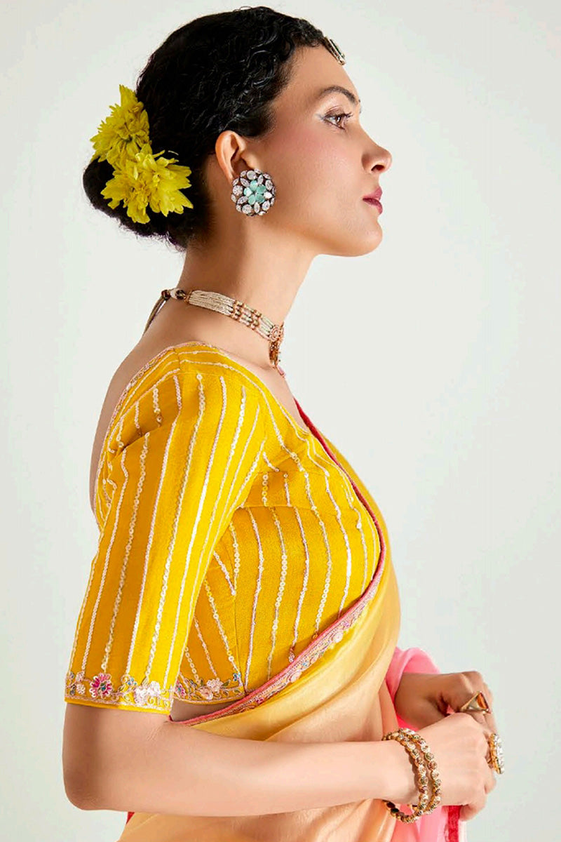 Multicolor Organza Saree with Sequins Embroidered Mustard Blouse LF