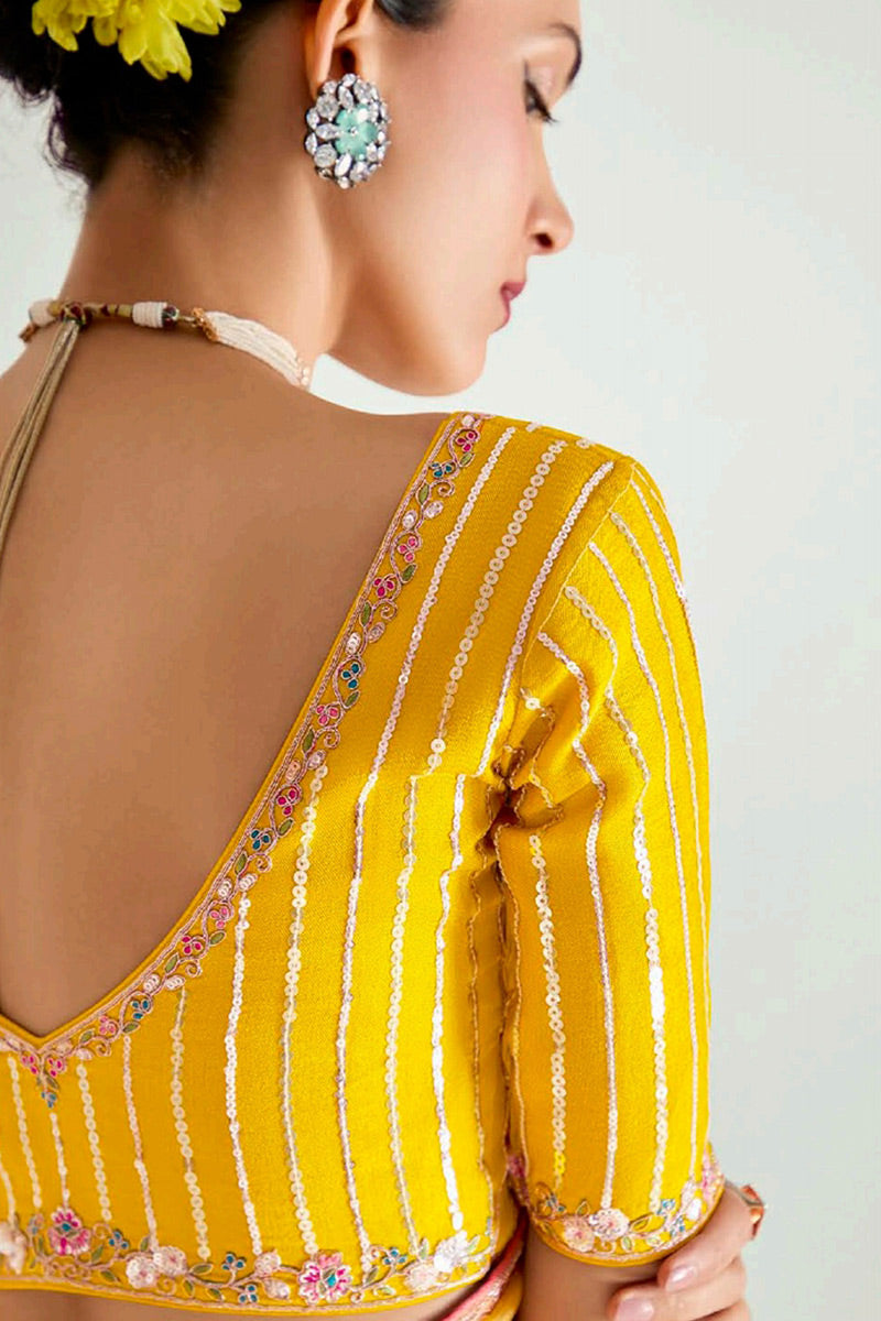 Multicolor Organza Saree with Sequins Embroidered Mustard Blouse LF