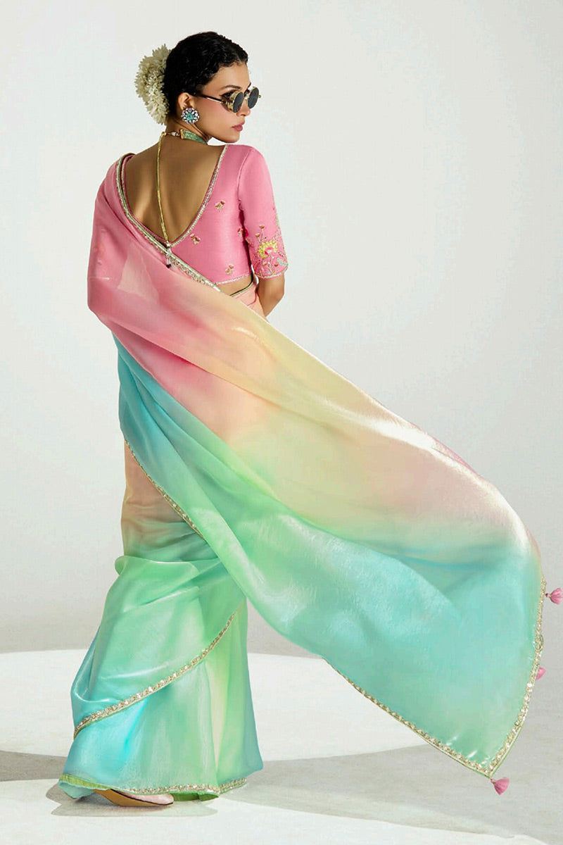 Multicolor Organza Saree with Sequins Embroidered Pink Blouse LF