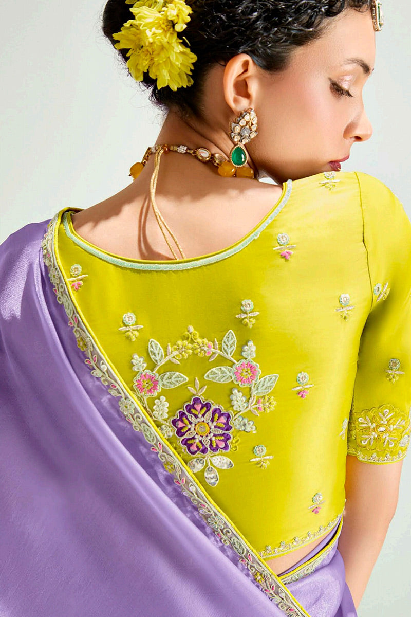Lavender Organza Saree with Sequins Embroidered Yellow Blouse LF