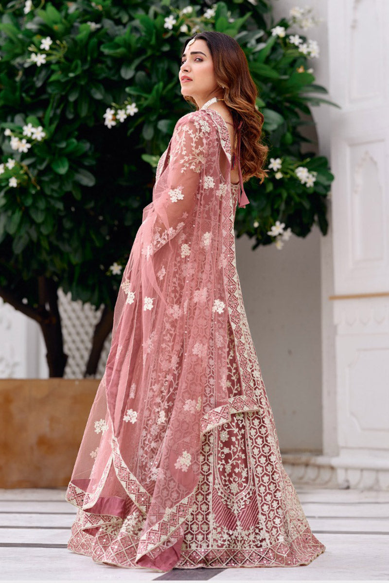 Rose Pink Embroidered Net Anarkali Suit with Dupatta – Elegant Partywear SN