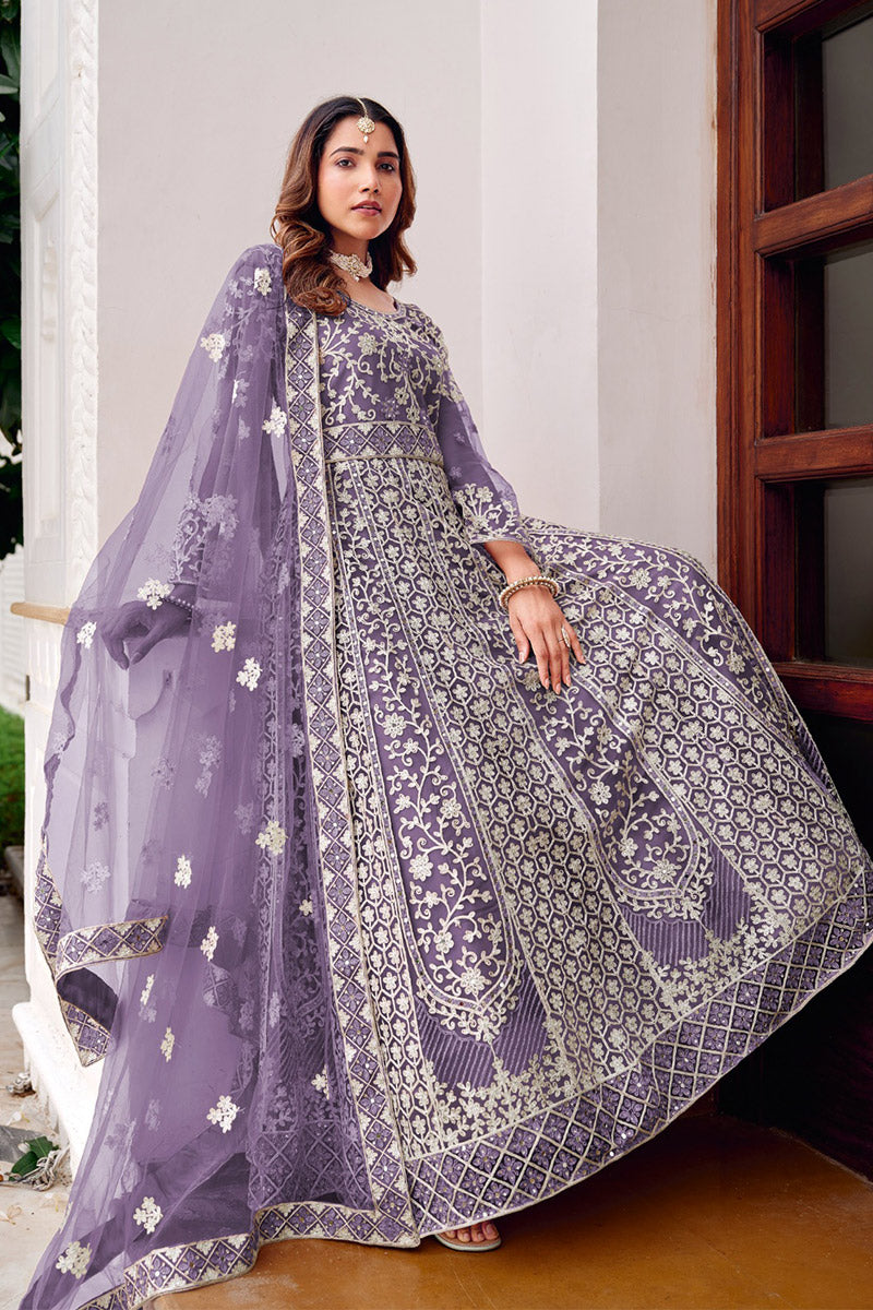 Purple Embroidered Net Anarkali Suit with Dupatta – Elegant Partywear SN