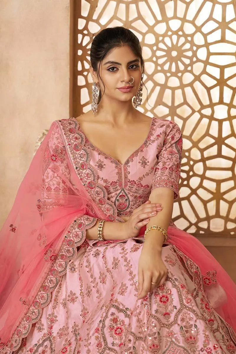 Adorable Pink Silk Embroidery Wedding Wear Lehenga Choli KSR