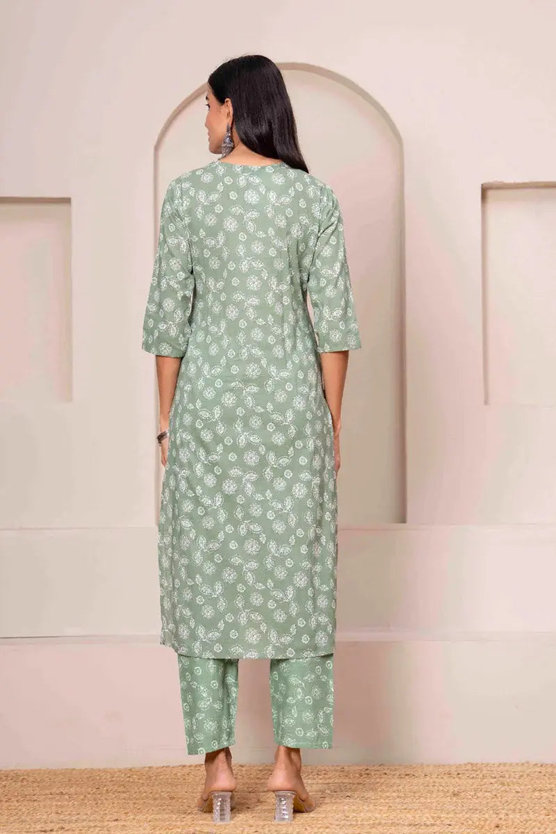 Basil Green Floral Printed Cotton Kurta Set with Print Dupatta KSF