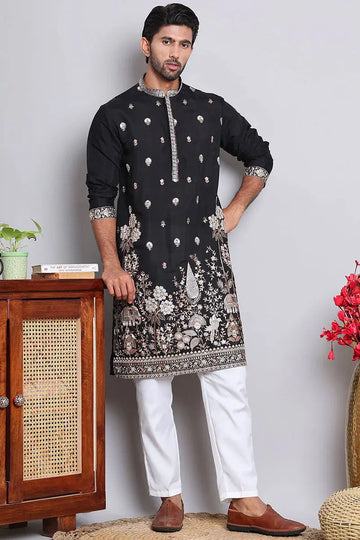 Black Cotton Silk Sequins Embroidered Designer Kurta Pajama Set - Function Wear VA