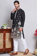 Black Cotton Silk Sequins Embroidered Designer Kurta Pajama Set - Function Wear VA