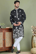 Black Cotton Silk Sequins Embroidered Designer Kurta Pajama Set - Traditional Wear VA