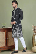Black Cotton Silk Sequins Embroidered Designer Kurta Pajama Set - Traditional Wear VA