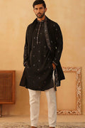 Black Cotton Silk Sequins Embroidered Kurta Pajama Dupatta Set - Traditional Wear VA