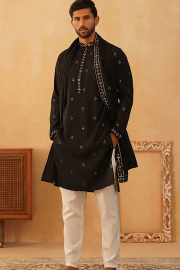 Black Cotton Silk Sequins Embroidered Kurta Pajama Dupatta Set - Traditional Wear VA