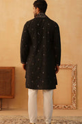 Black Cotton Silk Sequins Embroidered Kurta Pajama Dupatta Set - Traditional Wear VA
