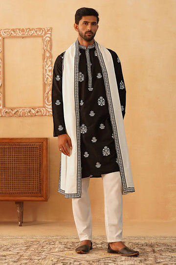 Black Cotton Silk Sequins Embroidered Kurta Pajama Dupatta Set - Traditional Wear VA