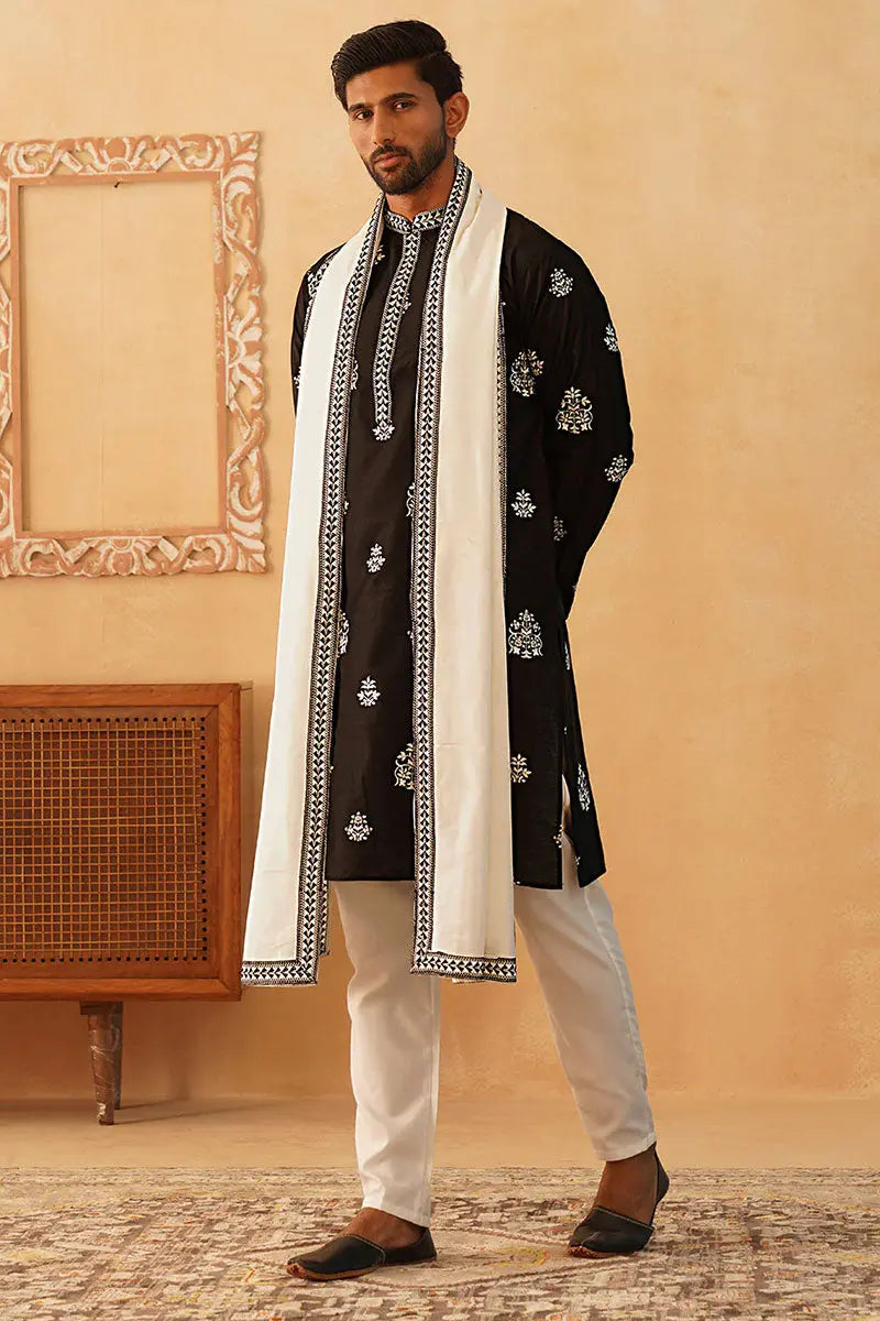 Black Cotton Silk Sequins Embroidered Kurta Pajama Dupatta Set - Traditional Wear VA