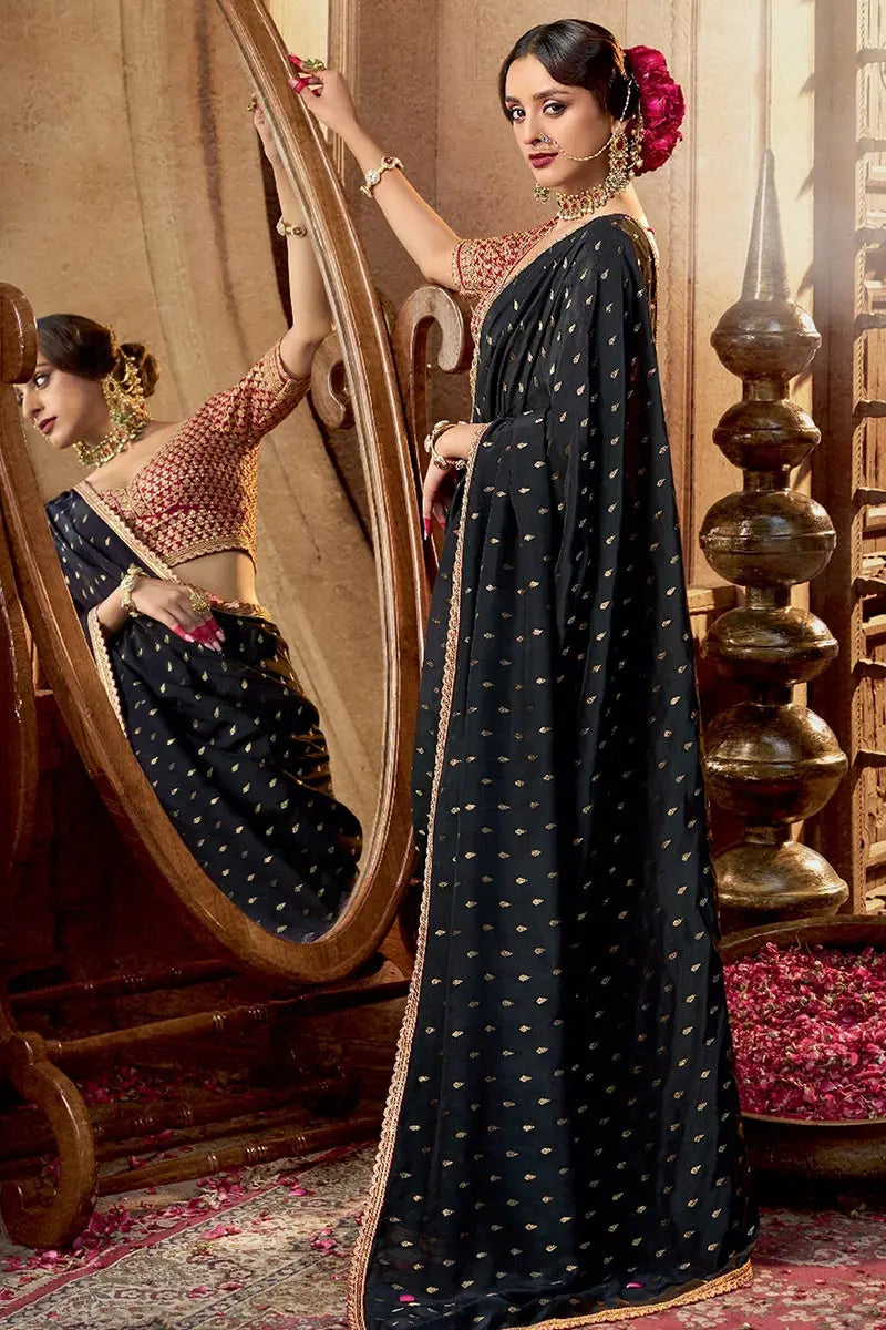 Black Handwoven Banarasi Saree with Red Embroidered Blouse VA