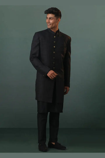 Black Indo-Western Sherwani with Gold Buttons RTI