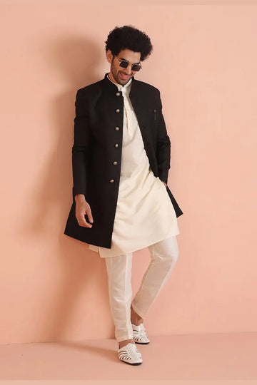 Black & Cream Indo-Western Sherwani with Gold Buttons RTI