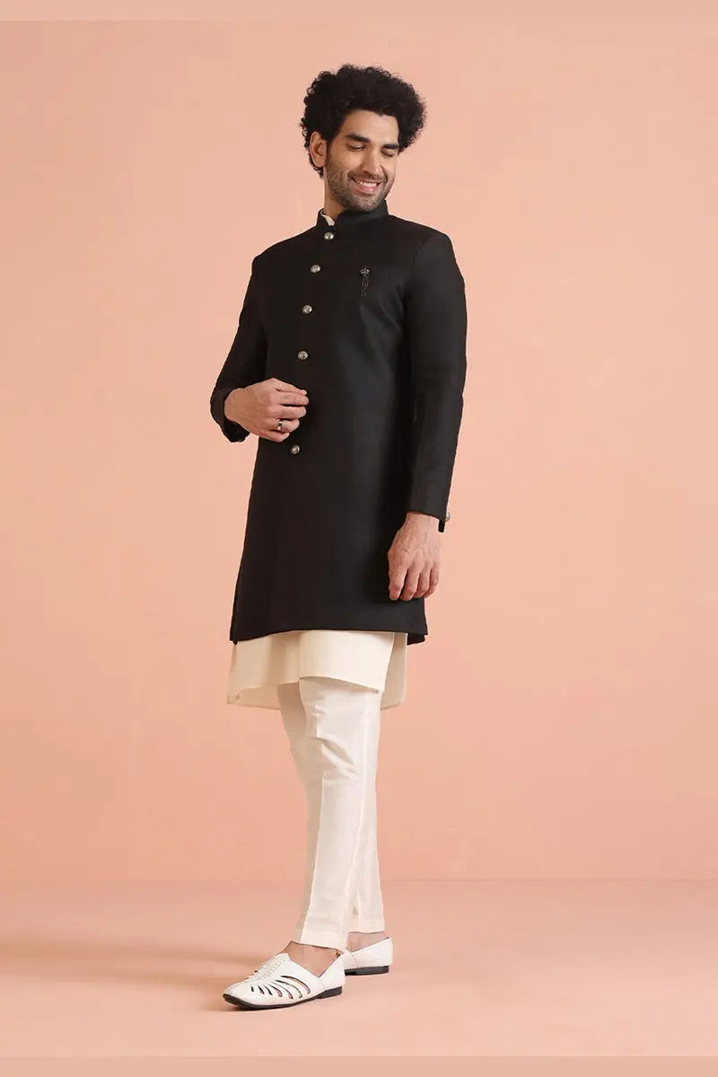 Black & Cream Indo-Western Sherwani with Gold Buttons RTI