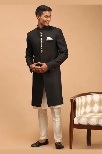 Black & Cream Indo-Western Sherwani with Gold Buttons RTI