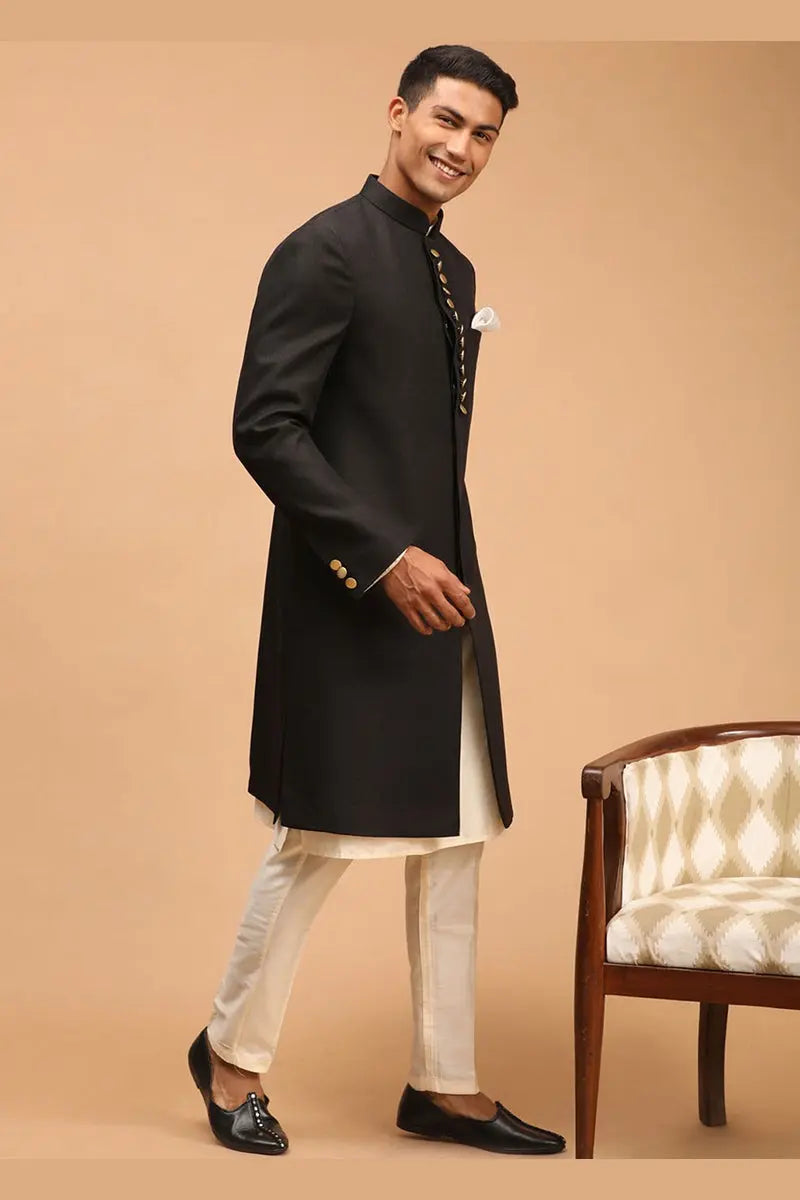 Black & Cream Indo-Western Sherwani with Gold Buttons RTI