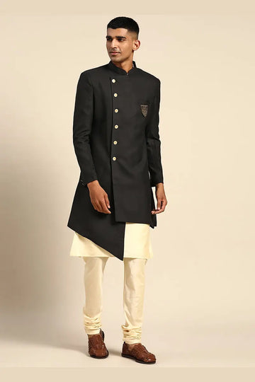Black & Cream Indo-Western Sherwani with Gold Buttons RTI