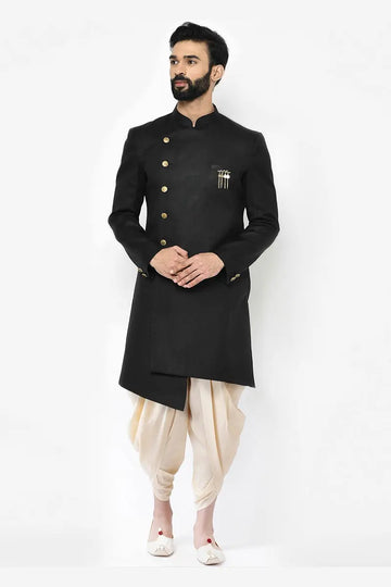 Black & Cream Indo-Western Sherwani with Gold Buttons RTI