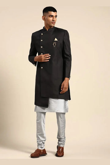 Black & Grey Indo-Western Sherwani set with Gold Buttons RTI