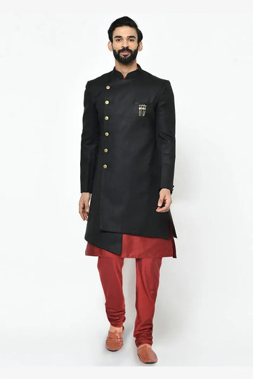 Black & Maroon Indo-Western Sherwani with Gold Buttons RTI