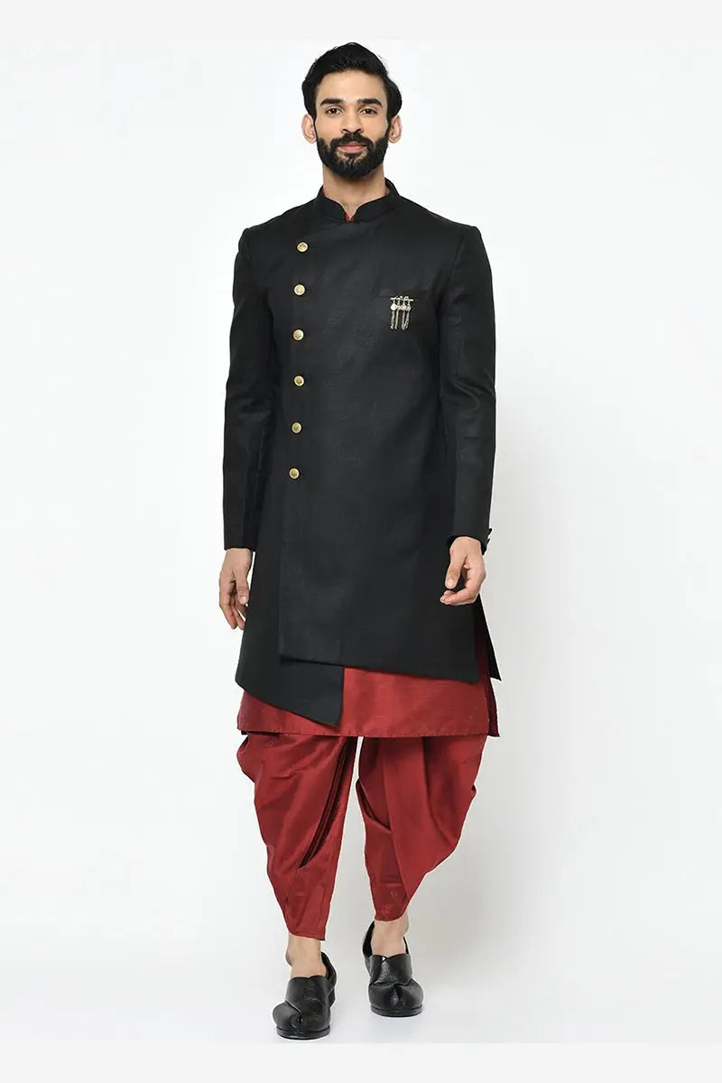 Black & Maroon Indo-Western Sherwani with Gold Buttons RTI