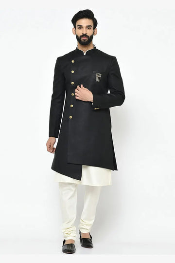 Black & White Indo-Western Sherwani with Gold Buttons RTI