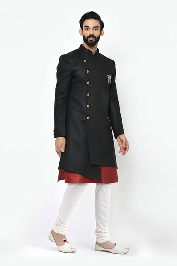Black & White Indo-Western Sherwani with Gold Buttons RTI