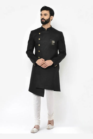 Black & White Indo-Western Sherwani with Gold Buttons RTI