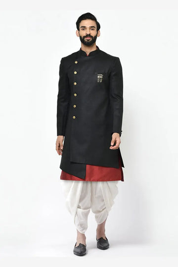 Black & White Indo-Western Sherwani with Gold Buttons RTI