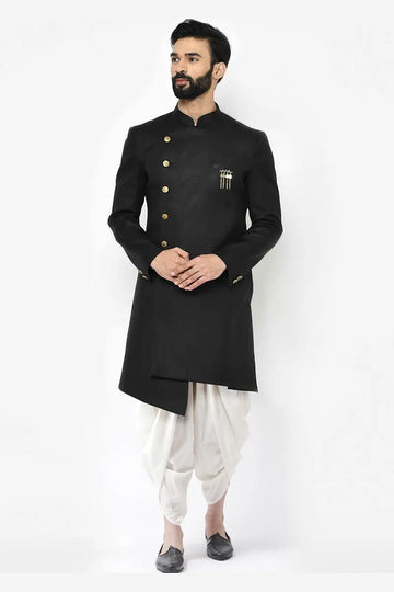 Black & White Indo-Western Sherwani with Gold Buttons RTI