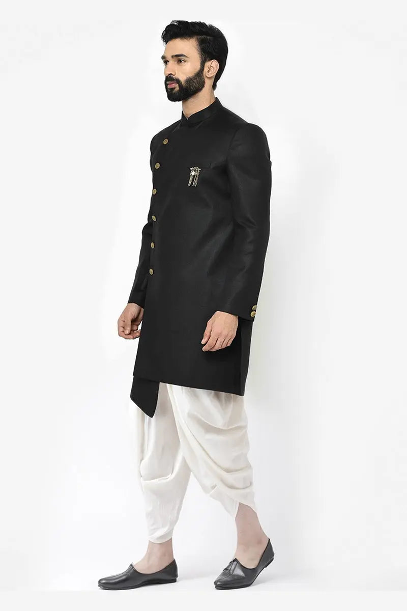 Black & White Indo-Western Sherwani with Gold Buttons RTI