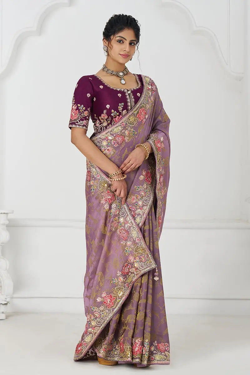 Bloom in Style: Mauve with Vibrant Thread Work & Floral Motifs KSR