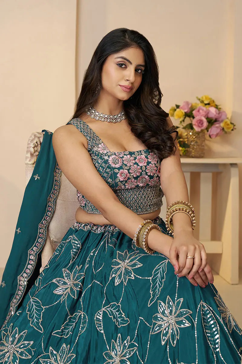 Blue Elegance: Bridesmaid Lehenga with Sequin Sparkle & Floral Embroidery KSR