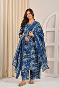 Blue Floral Printed Cotton Kurta Set with Print Dupatta KSF