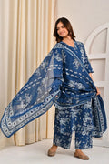 Blue Floral Printed Cotton Kurta Set with Print Dupatta KSF