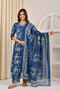 Blue Floral Printed Cotton Kurta Set with Print Dupatta KSF