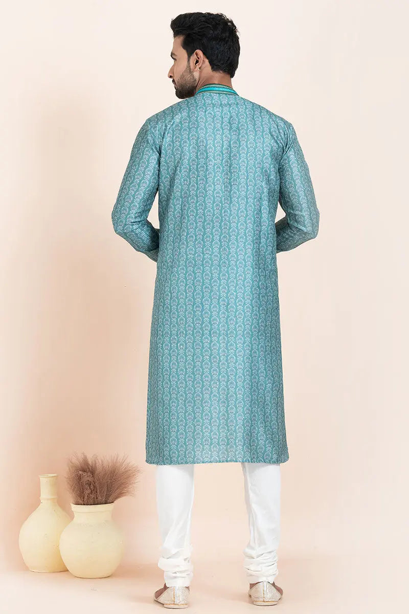 Blue and White Kurta Pajama Cotton Printed Set | Traditional Wear RTI