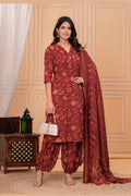 Brown Floral Printed Cotton Kurta Set with Print Dupatta KSF