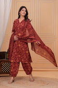 Brown Floral Printed Cotton Kurta Set with Print Dupatta KSF