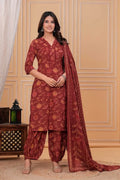 Brown Floral Printed Cotton Kurta Set with Print Dupatta KSF